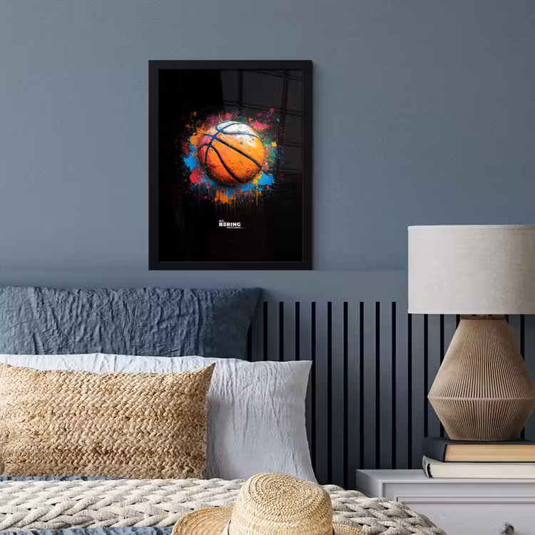 Oranje basketbal te midden van verfspetters fotolijst zwart zonder passe partout klein -sfeer3