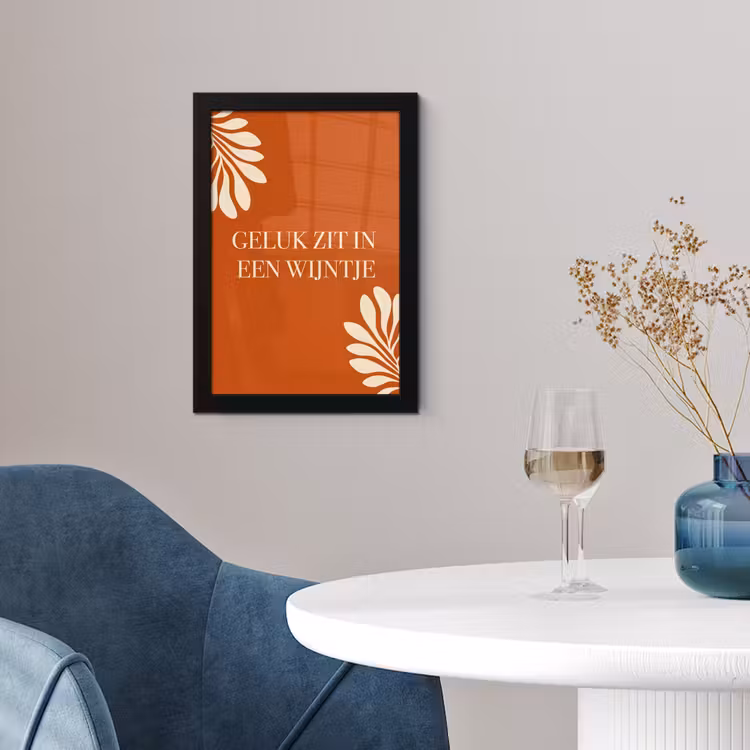 Oranje - Wijntje - Quote fotolijst zwart zonder passe partout klein -sfeer4
