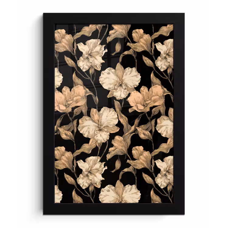 Orchideeën - Lijntekening - Patroon - Beige - Zwart fotolijst zwart zonder passe partout klein 224 -3d