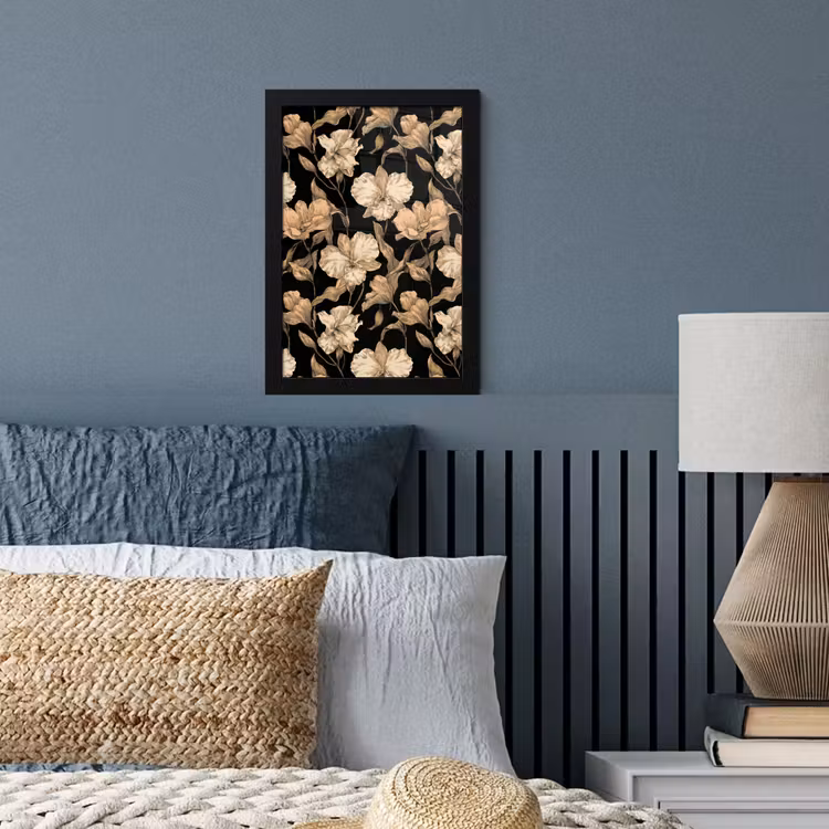 Orchideeën - Lijntekening - Patroon - Beige - Zwart fotolijst zwart zonder passe partout klein 224 -sfeer3
