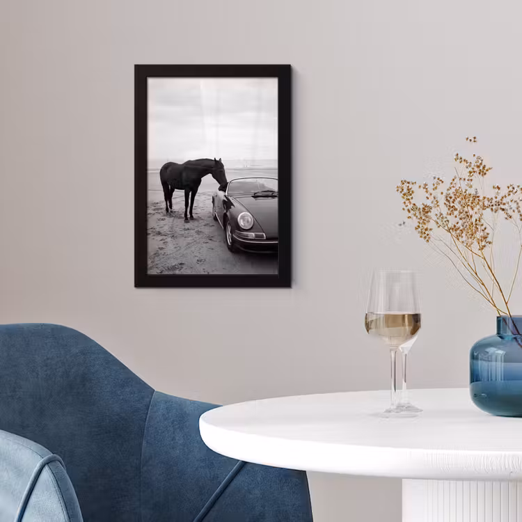 Paard - Auto - Zwart - Wit fotolijst zwart zonder passe partout klein -sfeer4
