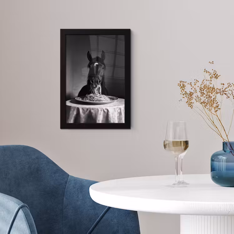 Paard - Bord - Pasta - Tafelkleed - Zwart Wit - Dieren fotolijst zwart zonder passe partout klein -sfeer4