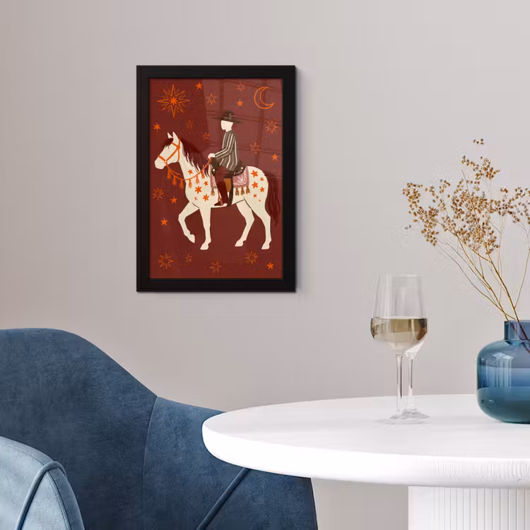 Paard - Ruiter - Sterren - Nacht - Illustratie fotolijst zwart zonder passe partout klein -sfeer4