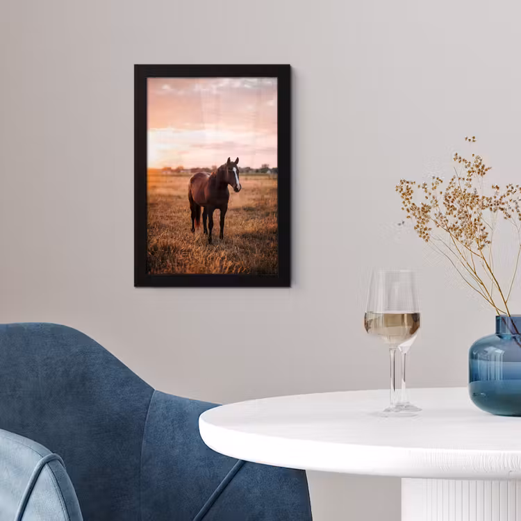 Paard - Zonsondergang - Bruin fotolijst zwart zonder passe partout klein -sfeer4