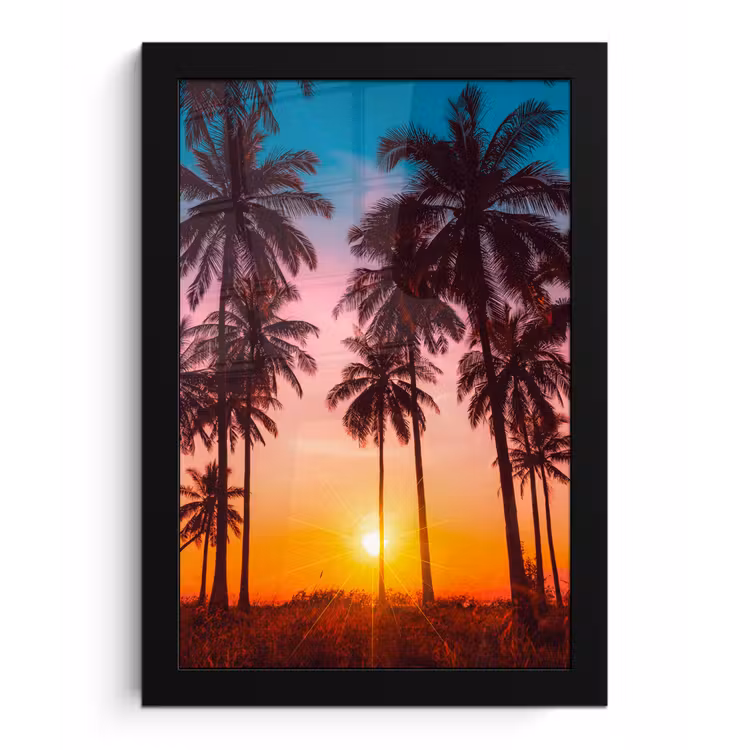 Palmboom - Zonsondergang - Horizon - Strand - Oranje - Roze fotolijst zwart zonder passe partout klein -3d