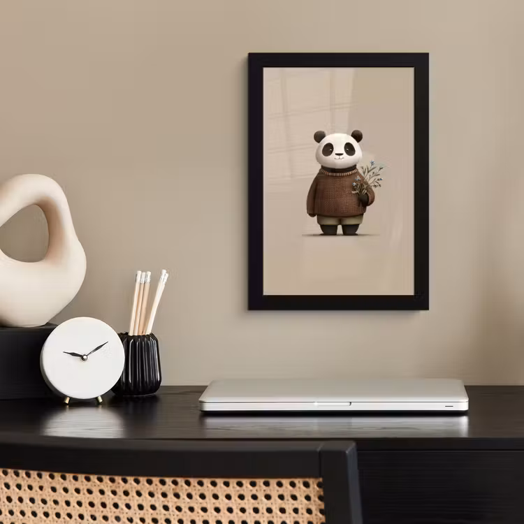 Panda - Blauwe bloemen - Zachtheid fotolijst zwart zonder passe partout klein -sfeer1