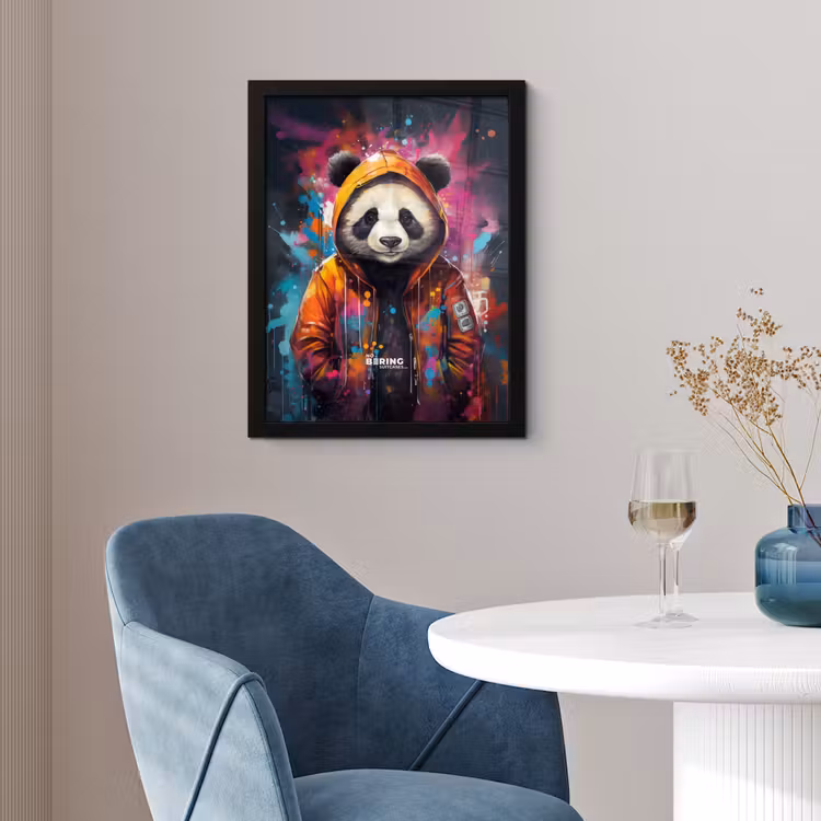 Panda met oranje jas en verfspetters fotolijst zwart zonder passe partout klein -sfeer4