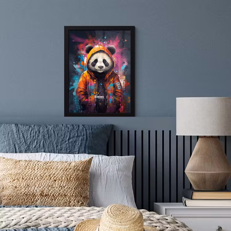 Panda met oranje jas en verfspetters fotolijst zwart zonder passe partout klein -sfeer3