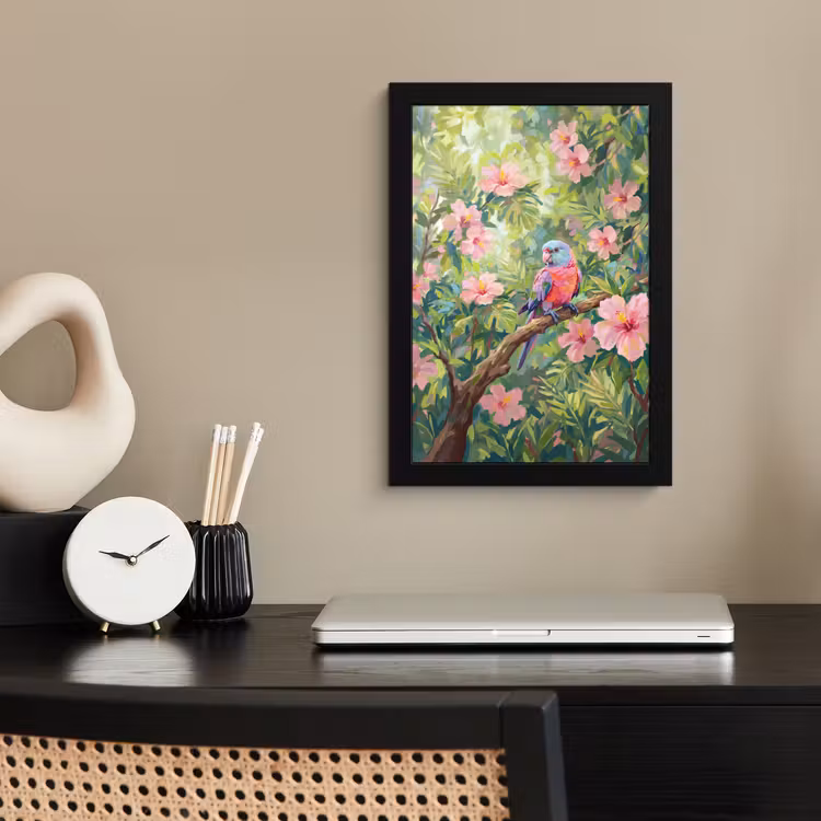Papagaai - Hibiscusbloemen - Kleurrijk fotolijst zwart zonder passe partout klein -sfeer1