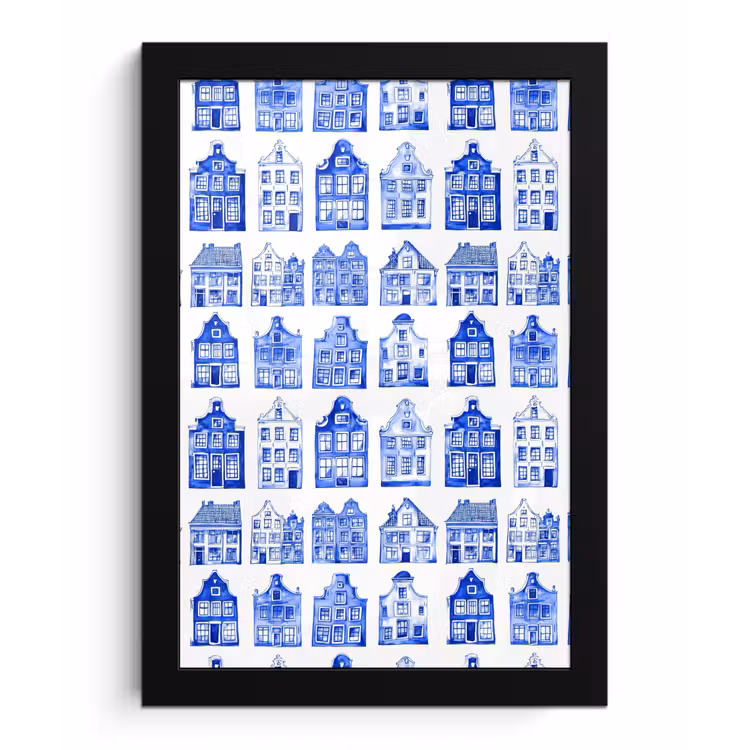 Patroon - Huizen - Blauw fotolijst zwart zonder passe partout klein 224 -3d