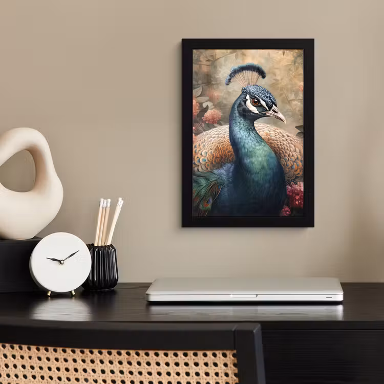 Pauw - Vogel - Bloemen - Planten - Pauwenveren fotolijst zwart zonder passe partout klein -sfeer1