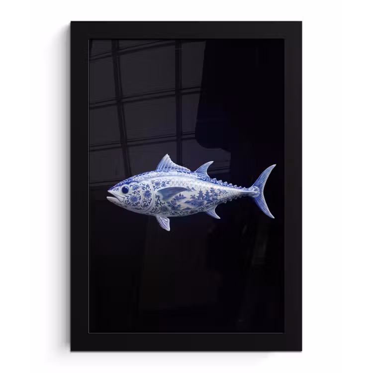 Porselein - Tonijn - Delfts - Blauw fotolijst zwart zonder passe partout klein -3d