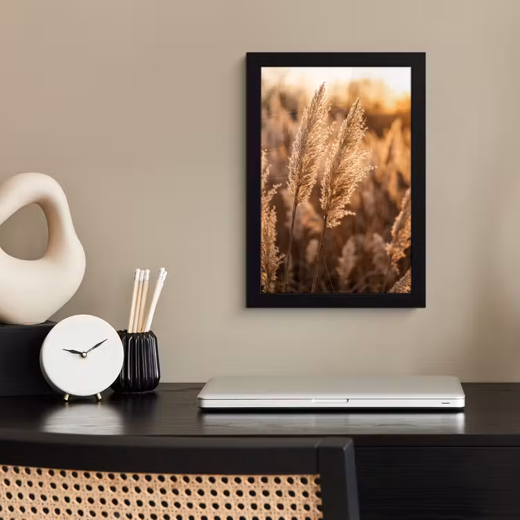 Rietpluimen - Gras - Zonsondergang - Goud - Serene fotolijst zwart zonder passe partout klein -sfeer1
