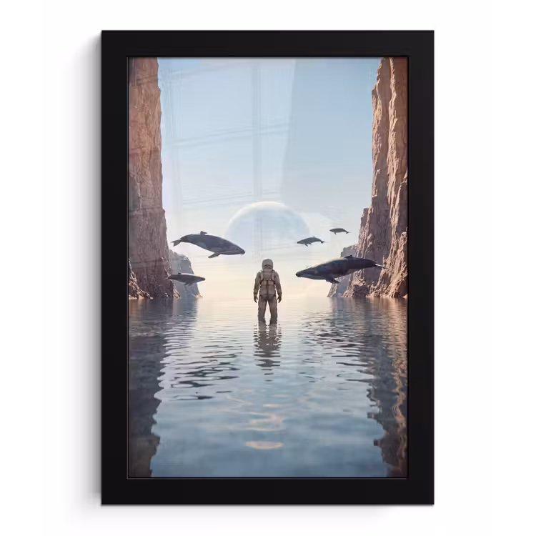 Poster met lijst - Ruimtevaarder - Walvis - Fantasie - Ruimtevaarder - Walvis - Fantasie fotolijst zwart zonder passe partout klein