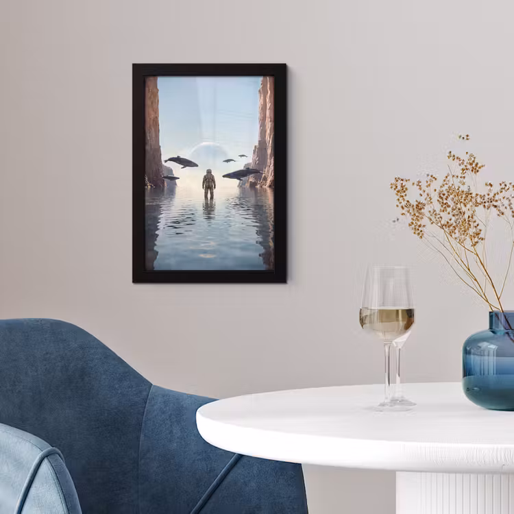 Poster met lijst - Ruimtevaarder - Walvis - Fantasie - Ruimtevaarder - Walvis - Fantasie fotolijst zwart zonder passe partout klein