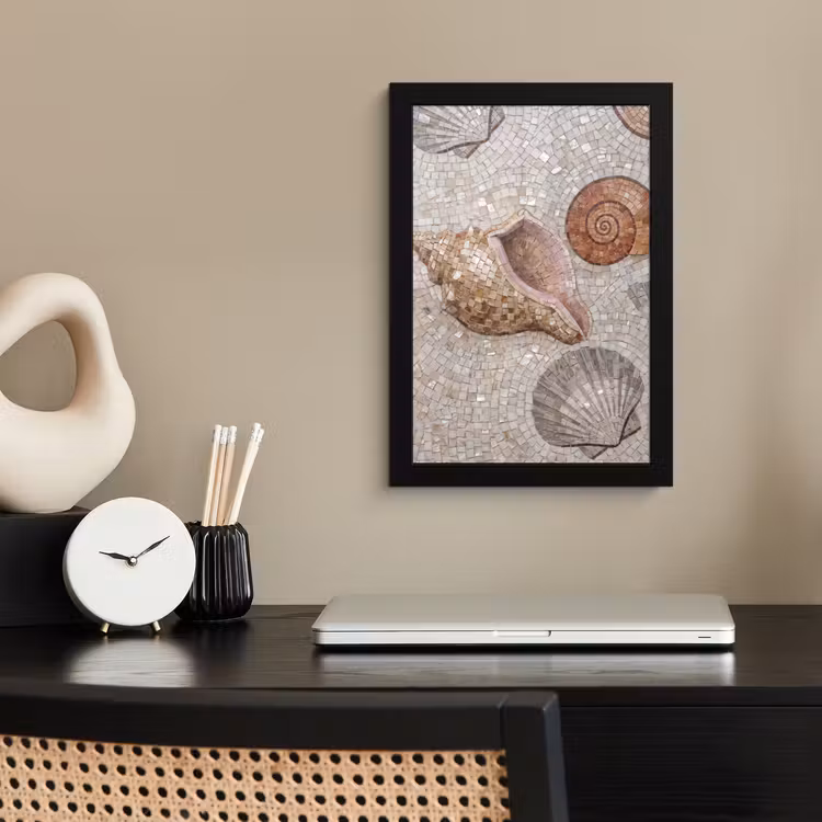Schelp - Mozaïek - Zee - Beige - Modern fotolijst zwart zonder passe partout klein -sfeer1