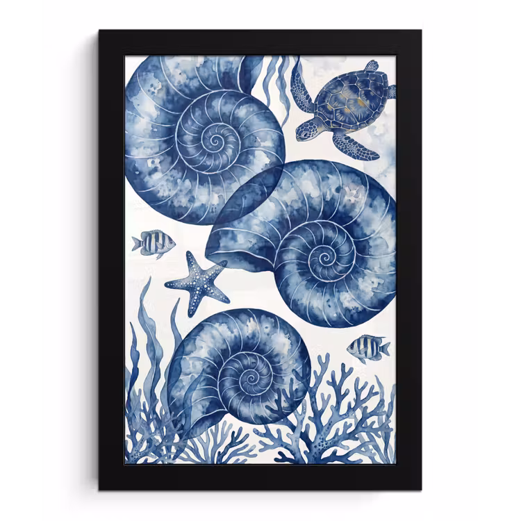 Schelp - Spiraal - Zeeleven - Aquarel - Blauw fotolijst zwart zonder passe partout klein -3d