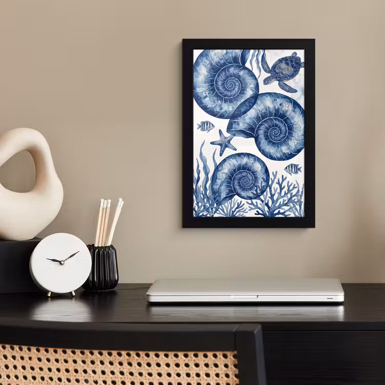 Schelp - Spiraal - Zeeleven - Aquarel - Blauw fotolijst zwart zonder passe partout klein -sfeer1