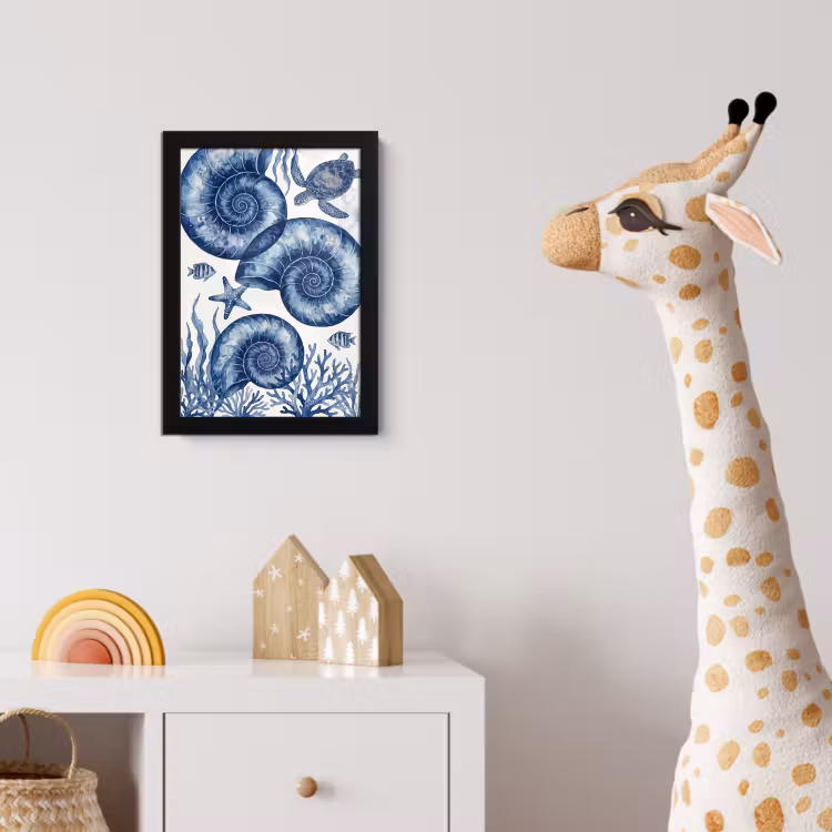 Schelp - Spiraal - Zeeleven - Aquarel - Blauw fotolijst zwart zonder passe partout klein -usfeer4_kinderkamer