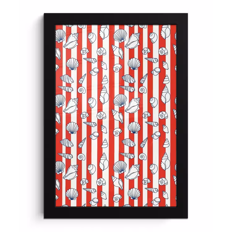 Schelp - Zeedieren - Zomer - Illustratie - Rood - Blauw fotolijst zwart zonder passe partout klein -3d