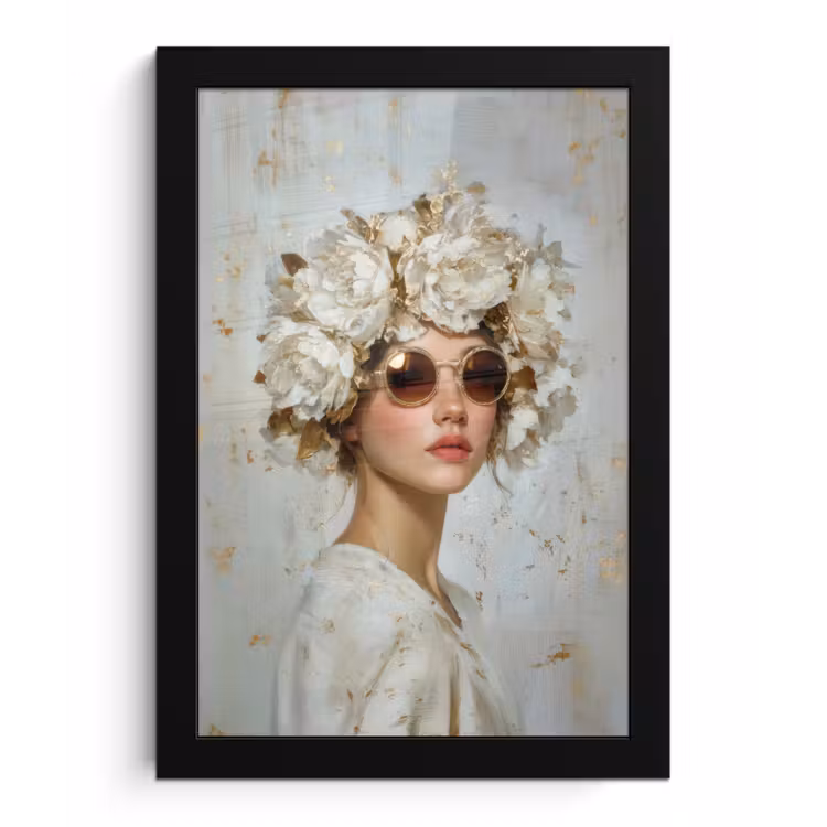 Schilderij - Vrouw - Zonnebril - Bloemenkrans fotolijst zwart zonder passe partout klein -3d