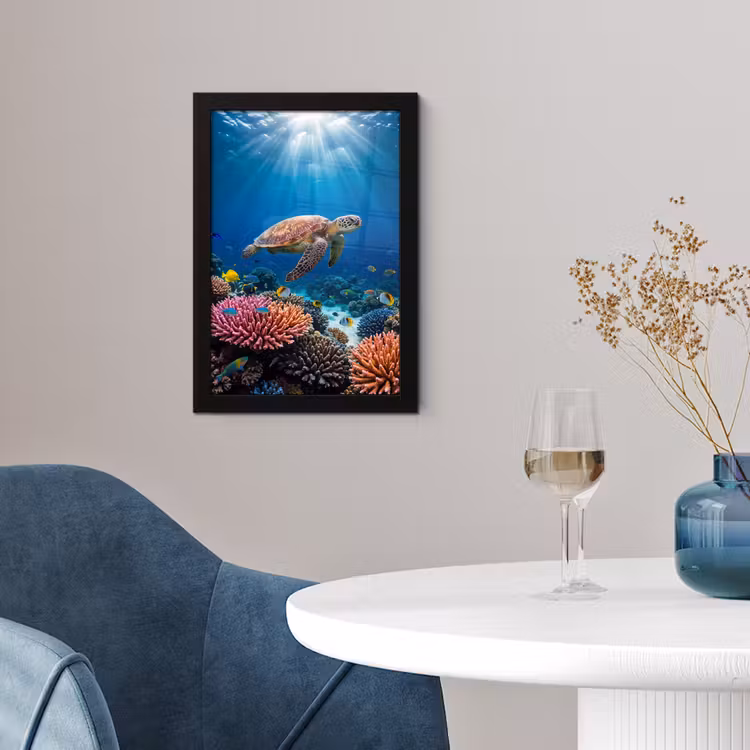 Schildpad - Koraalrif - Oceaan - Dieren - Blauw fotolijst zwart zonder passe partout klein -sfeer4
