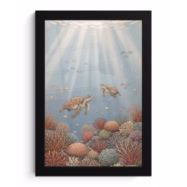Schildpad - Onderwater - Natuur - Illustratie fotolijst zwart zonder passe partout klein -3d