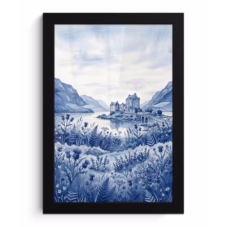 Schots - Kasteel - Blauw - Aquarel fotolijst zwart zonder passe partout klein -3d