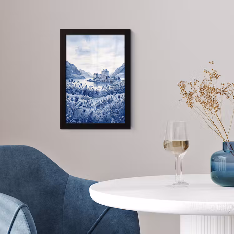 Schots - Kasteel - Blauw - Aquarel fotolijst zwart zonder passe partout klein -sfeer4