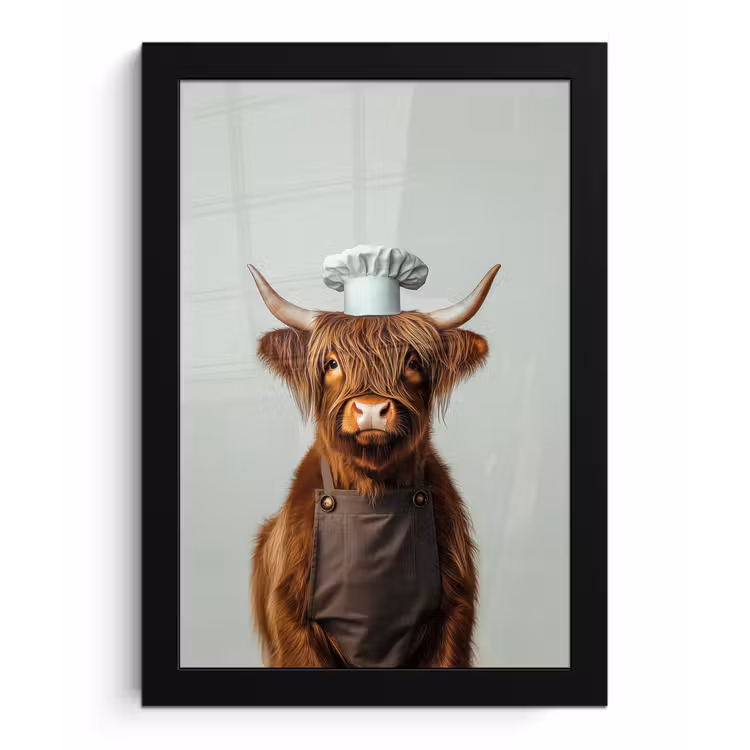 Schotse Hooglander - Bruin - Hoorns - Kokskleding fotolijst zwart zonder passe partout klein -3d