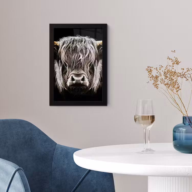 Schotse hooglander - Goud - Hoorns - Zwart wit - Koe - Dieren fotolijst zwart zonder passe partout klein -sfeer4