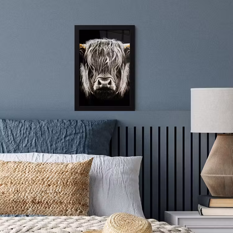 Schotse hooglander - Goud - Hoorns - Zwart wit - Koe - Dieren fotolijst zwart zonder passe partout klein -sfeer3