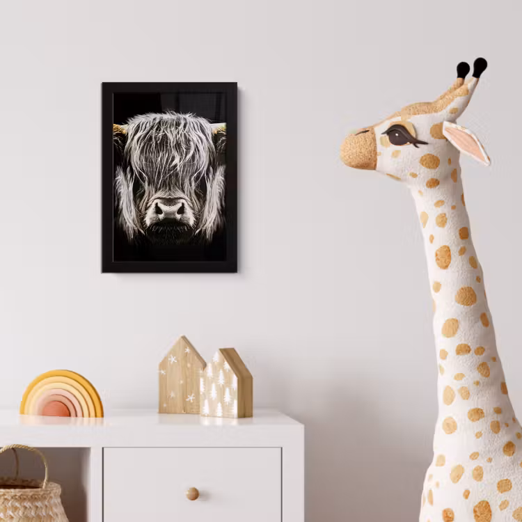 Schotse hooglander - Goud - Hoorns - Zwart wit - Koe - Dieren fotolijst zwart zonder passe partout klein -usfeer4_kinderkamer