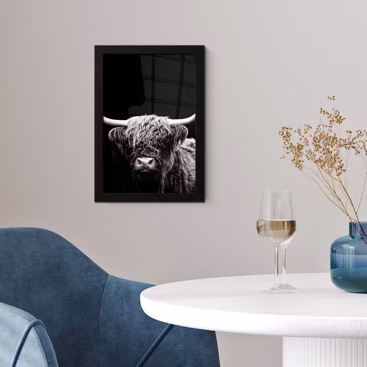 Schotse Hooglander - Koe - Zwart - Wit - Dieren fotolijst zwart zonder passe partout klein -sfeer4