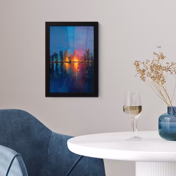 Skyline - Penseelstreken - Donkerblauw - Lichtgevend fotolijst zwart zonder passe partout klein -sfeer4