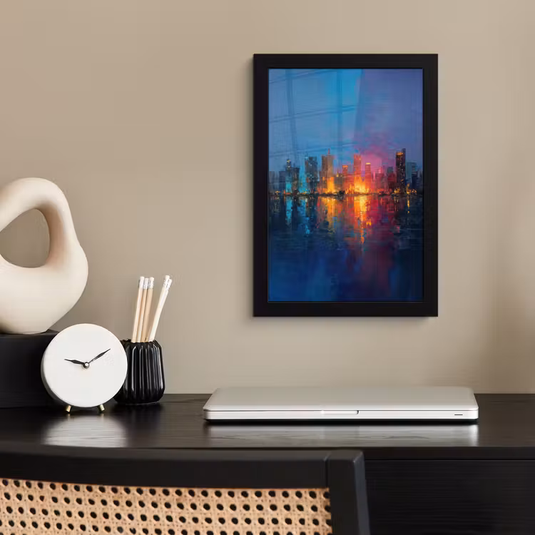 Skyline - Penseelstreken - Donkerblauw - Lichtgevend fotolijst zwart zonder passe partout klein -sfeer1