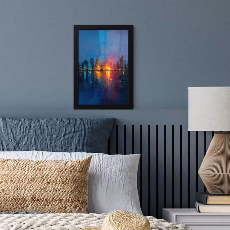 Skyline - Penseelstreken - Donkerblauw - Lichtgevend fotolijst zwart zonder passe partout klein -sfeer3