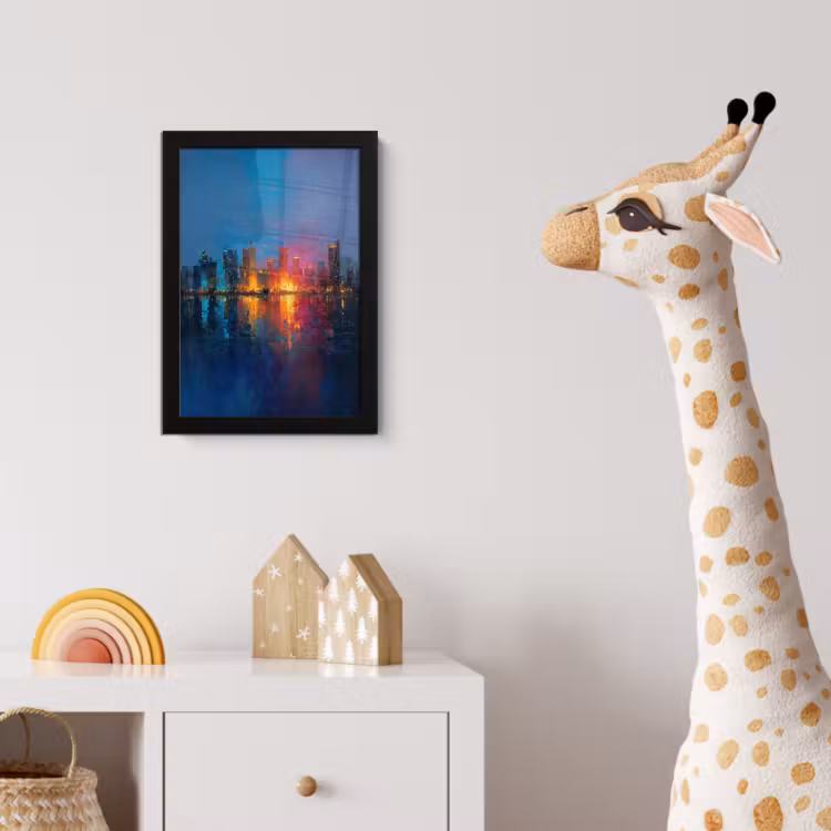 Skyline - Penseelstreken - Donkerblauw - Lichtgevend fotolijst zwart zonder passe partout klein -usfeer4_kinderkamer