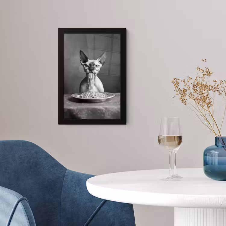 Sphynx - Kat - Dieren - Humor - Spaghetti - Zwart Wit fotolijst zwart zonder passe partout klein -sfeer4
