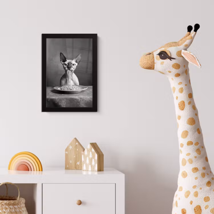 Sphynx - Kat - Dieren - Humor - Spaghetti - Zwart Wit fotolijst zwart zonder passe partout klein -usfeer4_kinderkamer
