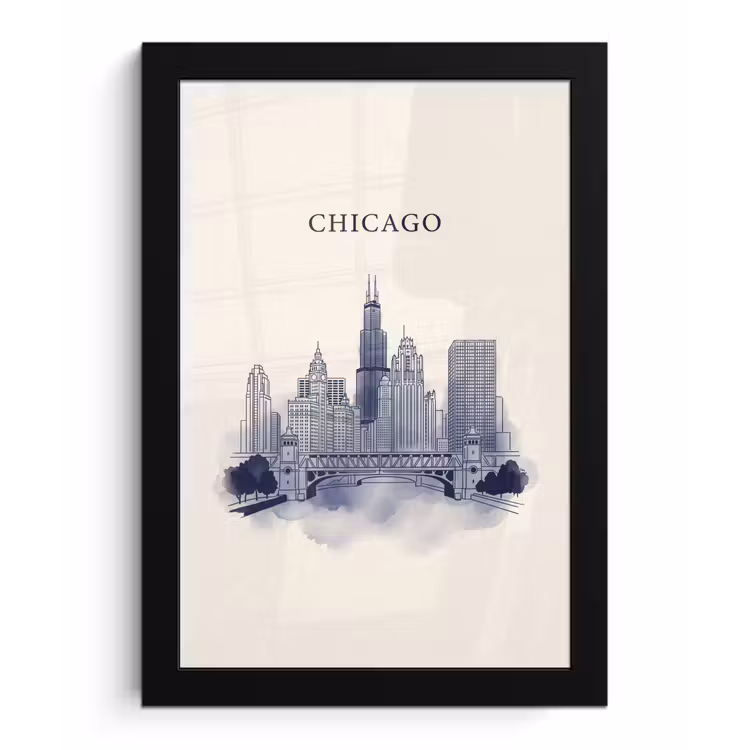 Stad - Skyline - Architectuur - Lijntekening - Blauw fotolijst zwart zonder passe partout klein -3d