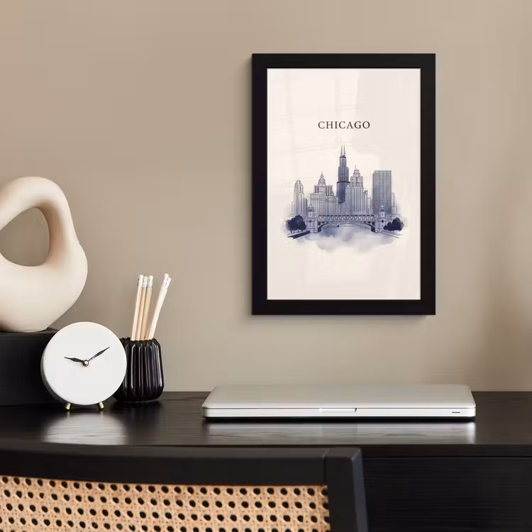 Stad - Skyline - Architectuur - Lijntekening - Blauw fotolijst zwart zonder passe partout klein -sfeer1
