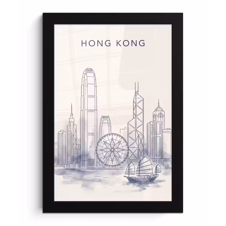 Stad - Skyline - Water - Lijntekening - Blauw fotolijst zwart zonder passe partout klein -3d