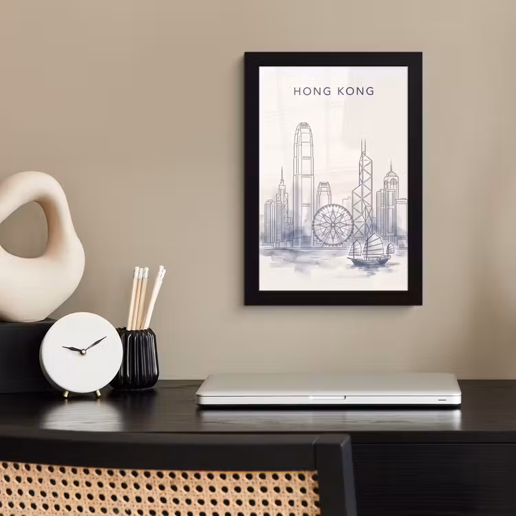 Stad - Skyline - Water - Lijntekening - Blauw fotolijst zwart zonder passe partout klein -sfeer1