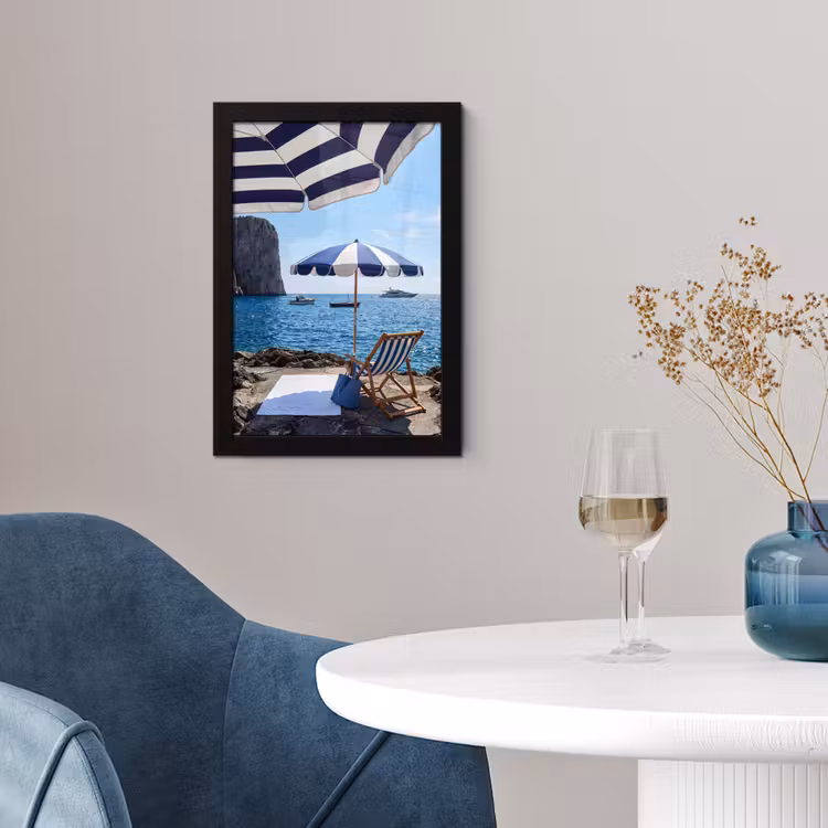 Strand - Ligstoel - Parasol - Zomer - Blauw fotolijst zwart zonder passe partout klein -sfeer4