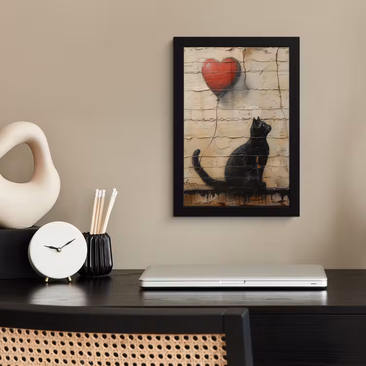 Street art - Kat - Ballon - Graffiti - Banksy fotolijst zwart zonder passe partout klein -sfeer1