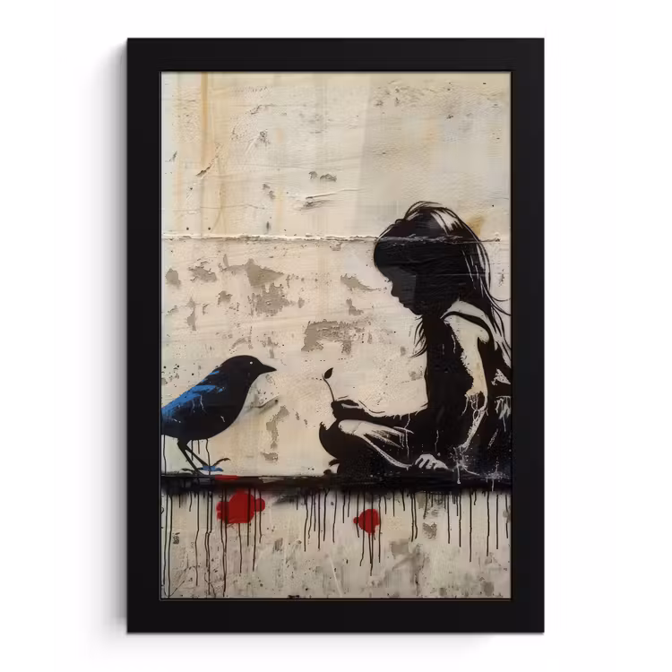 Street art - Meisje - Vogel - Graffiti - Banksy fotolijst zwart zonder passe partout klein -3d