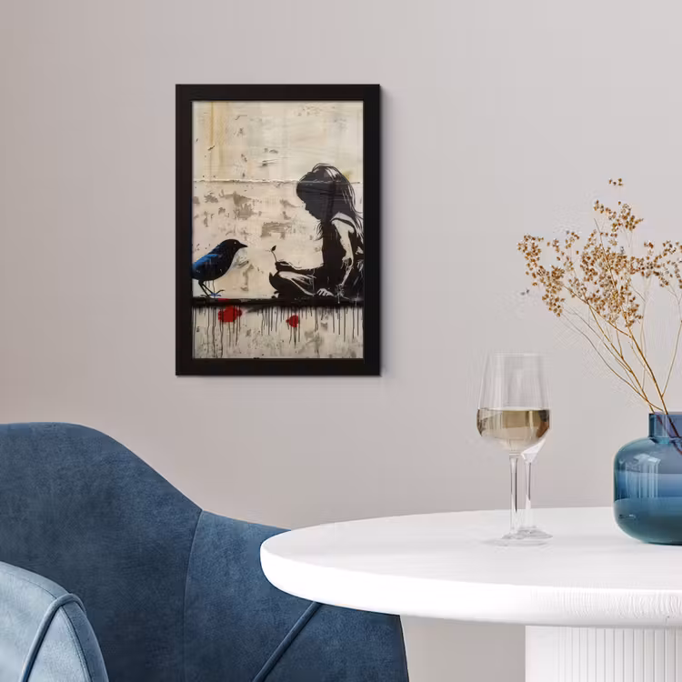 Street art - Meisje - Vogel - Graffiti - Banksy fotolijst zwart zonder passe partout klein -sfeer4