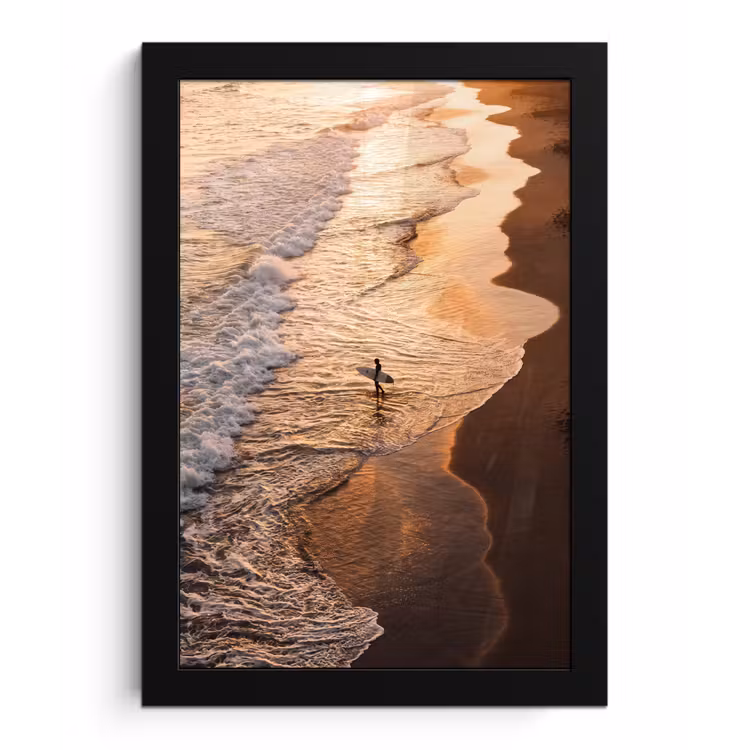 Surfer - Strand - Zonsondergang - Oceaan - Goud fotolijst zwart zonder passe partout klein -3d