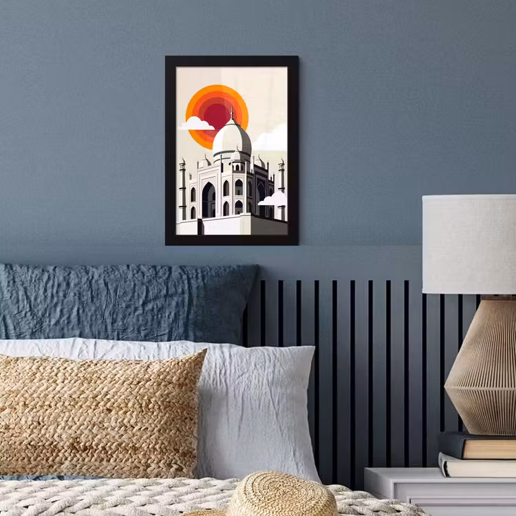 Taj Mahal - Zon - Koepel - Architectuur - India - Grafisch fotolijst zwart zonder passe partout klein -sfeer3